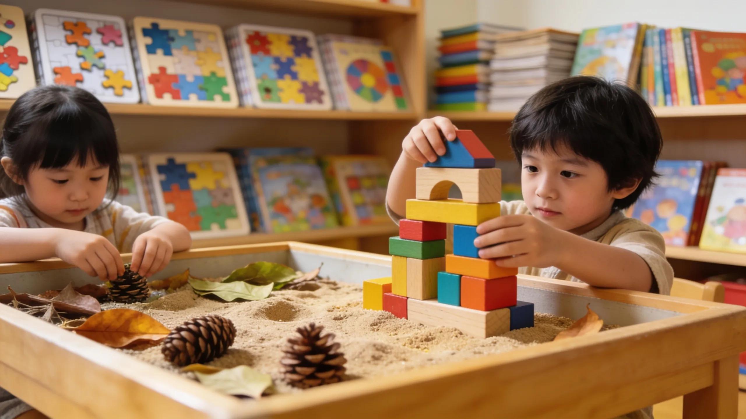 Children engaging in hands-on learning activities with Montessori materials