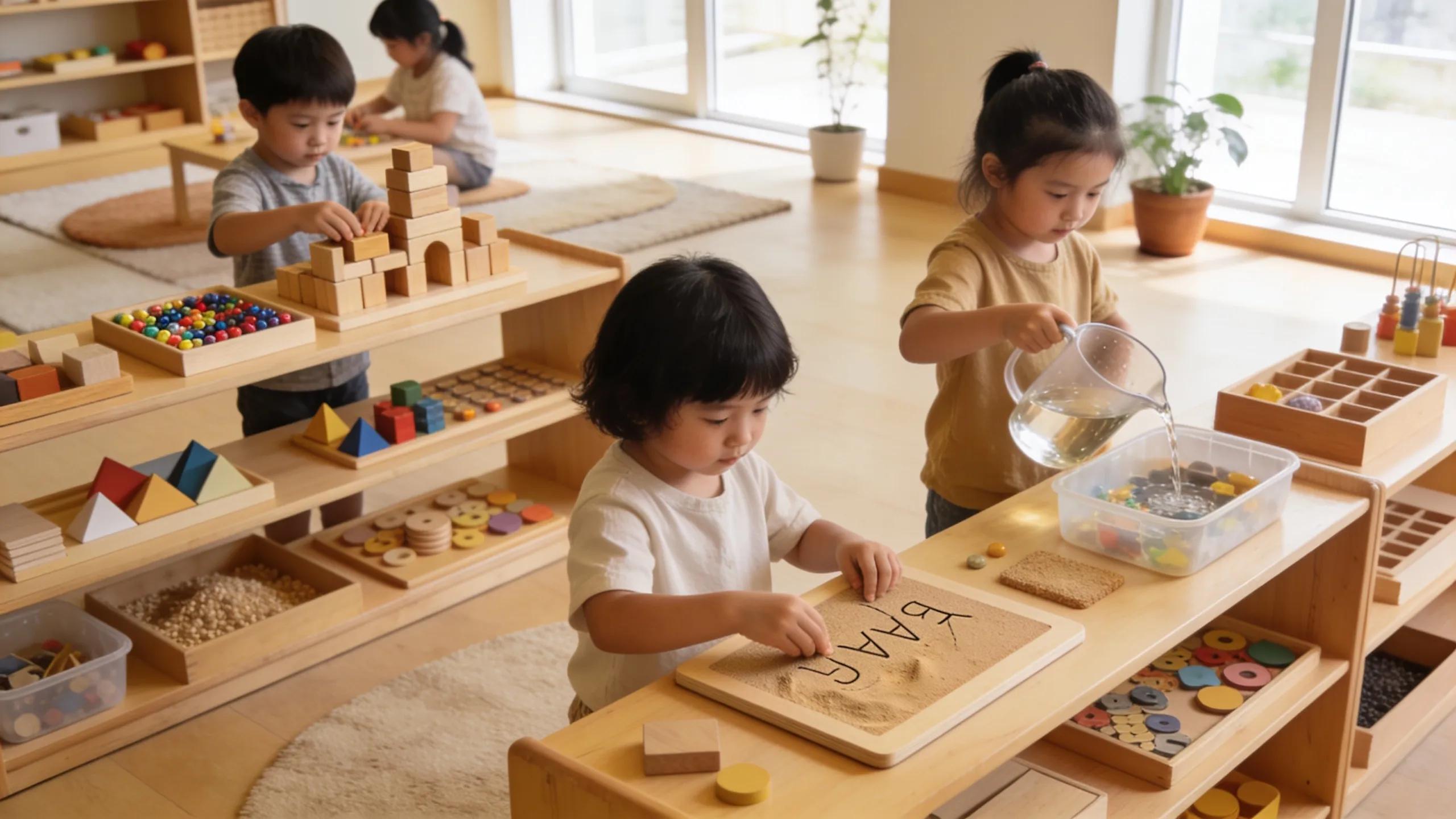 Children engaged in hands-on learning activities within a Montessori classroom