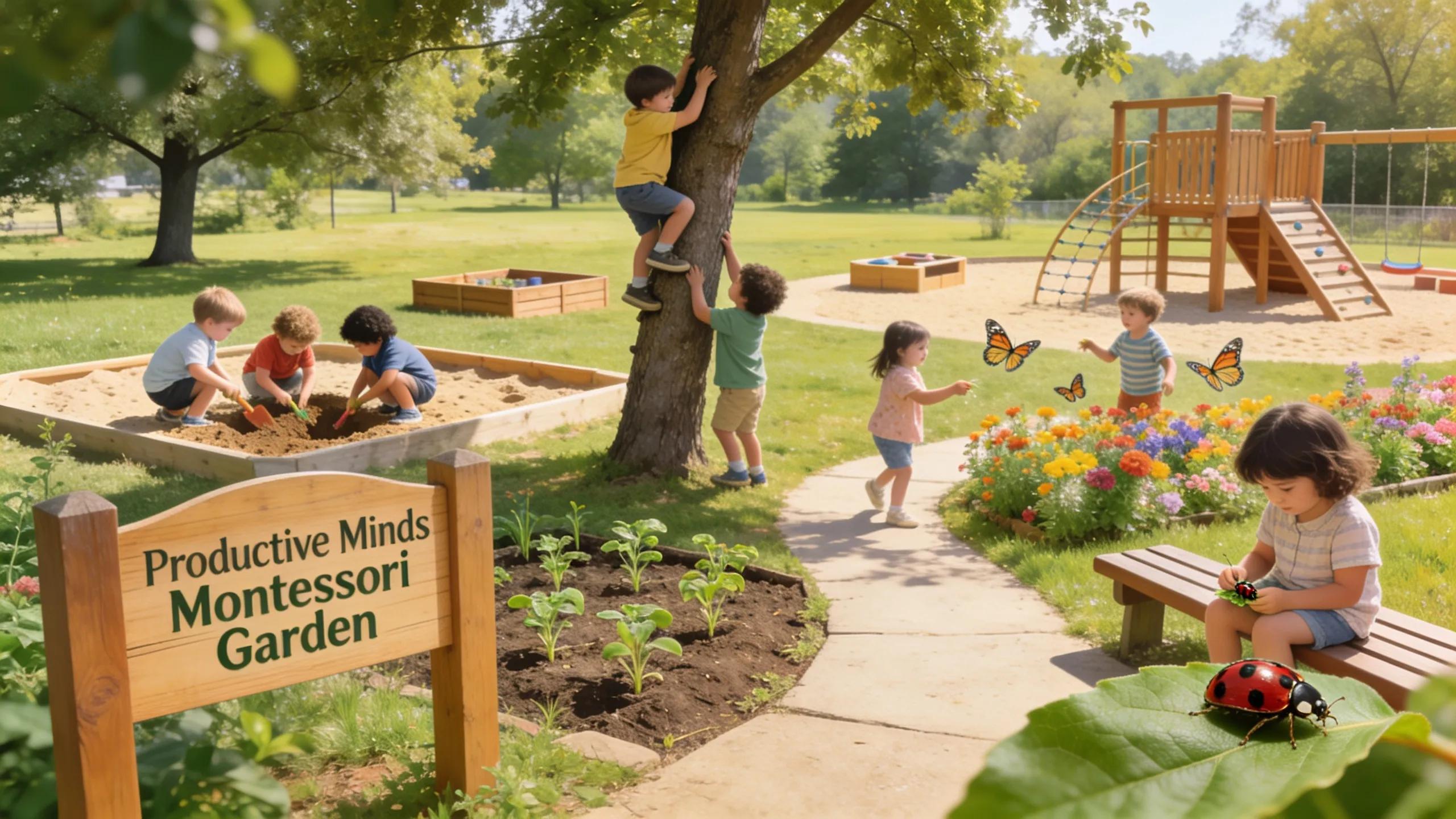Children enjoying outdoor activities in a spacious, colorful garden at a preschool, highlighting natural exploration.