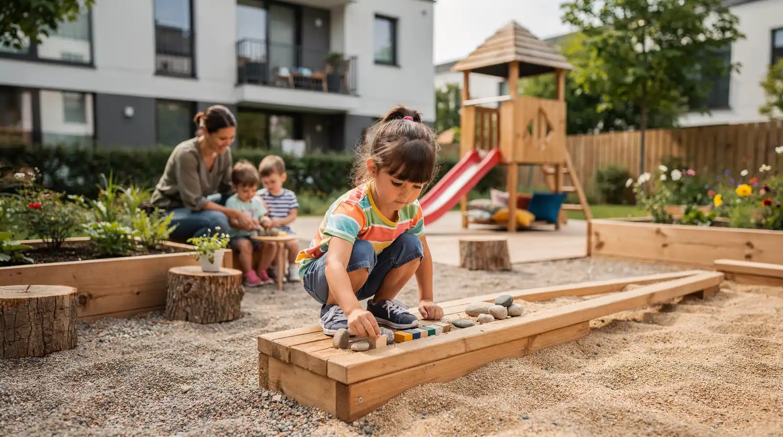 A montessori-gurgaon-sector-14 preschool with a vast private garden lets children venture outdoors whenever they wish