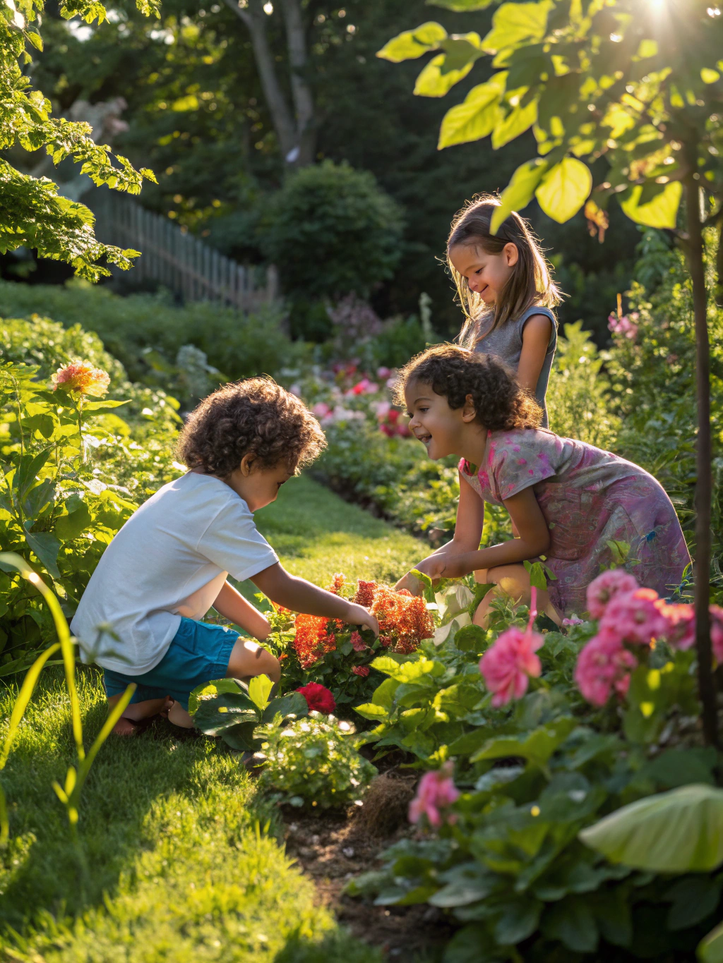 Children picking fresh fruit from trees in the campus living orchard