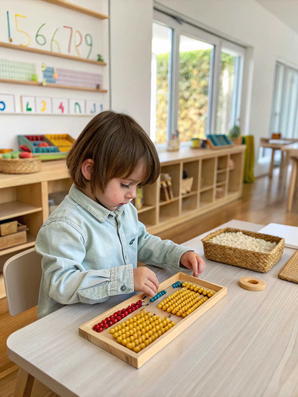 Toddler working peacefully with authentic wooden Montessori sensorial materials