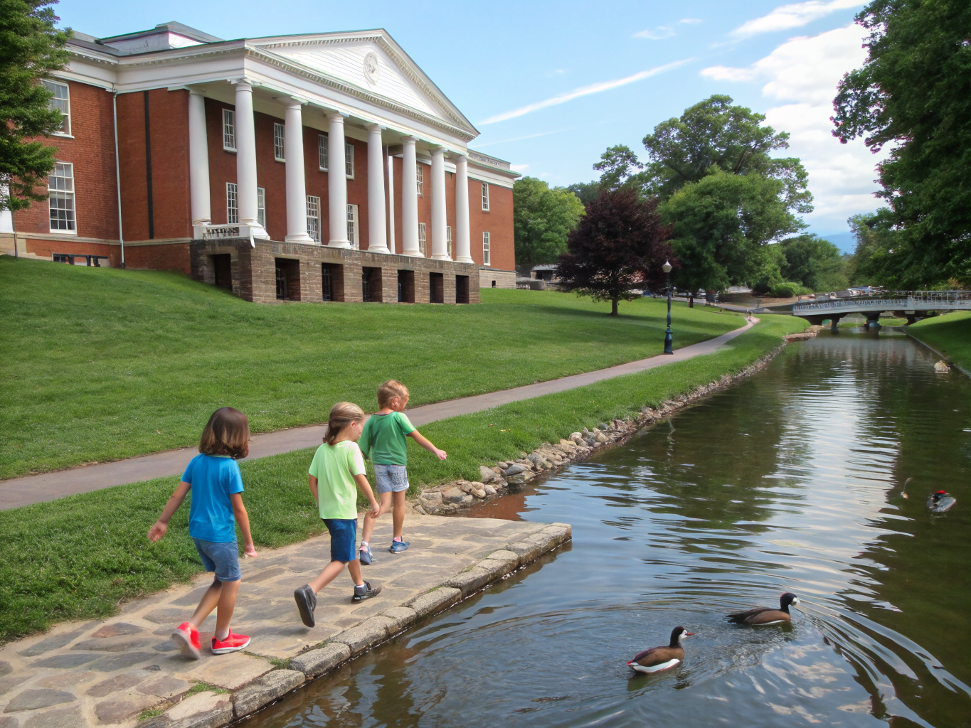 Children walking on green garden paths in the half-acre outdoor grounds