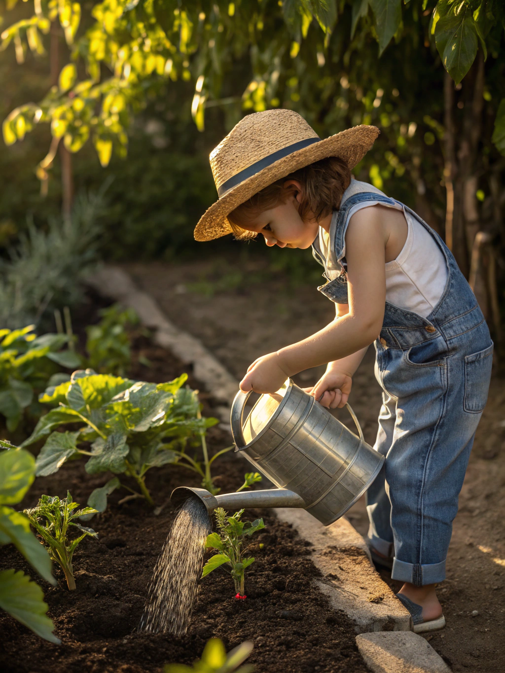 Toddler watering plants in the shaded campus vegetable garden