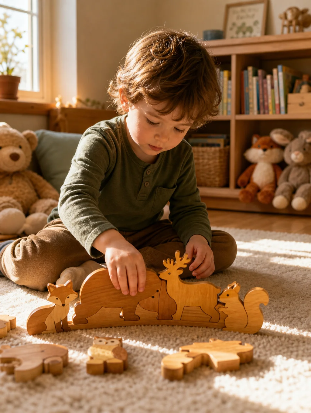 Child working on an individual linen work rug on clean timber flooring
