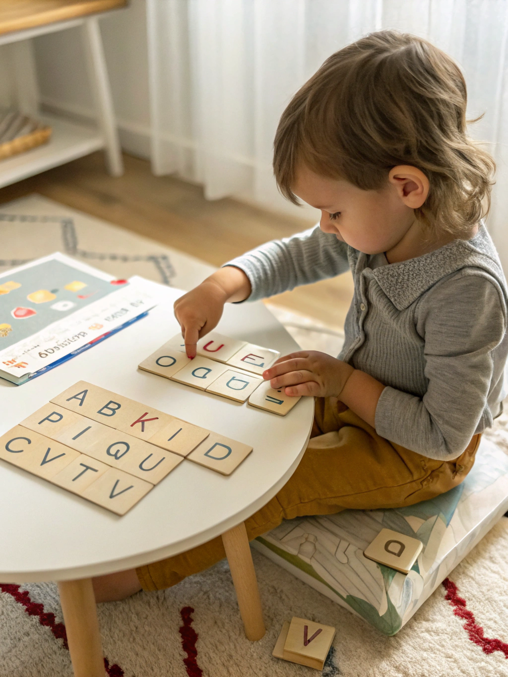 Child using Montessori Movable Alphabet with word cards