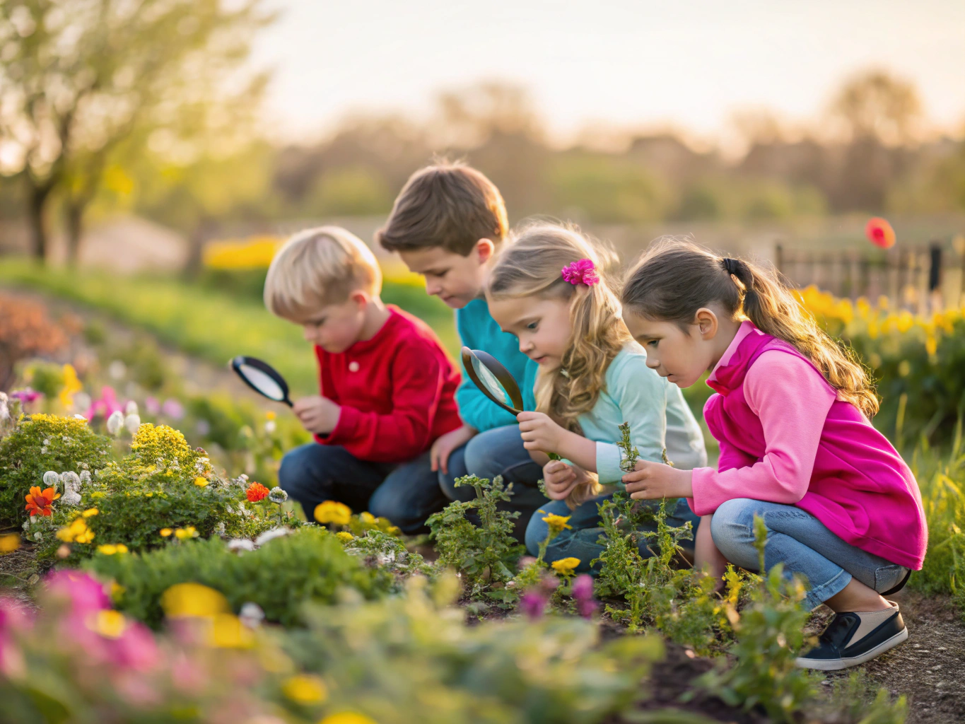 Young children exploring natural materials and plants in the outdoor garden