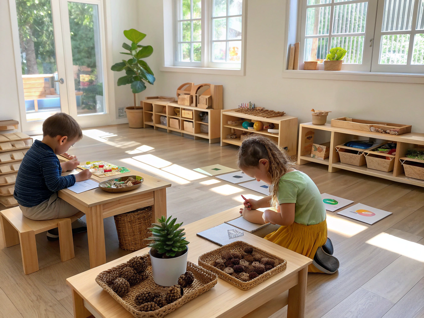 Children working peacefully at wooden tables in bright sunlit Montessori classroom with floor-to-ceiling glass windows