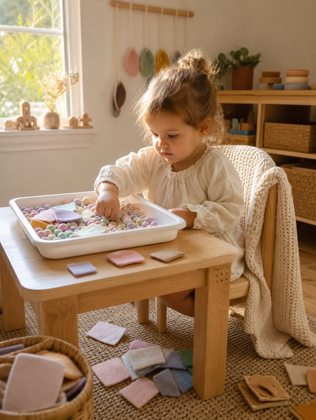 Montessori caregiver gently guiding a toddler at eye level in a sunlit classroom