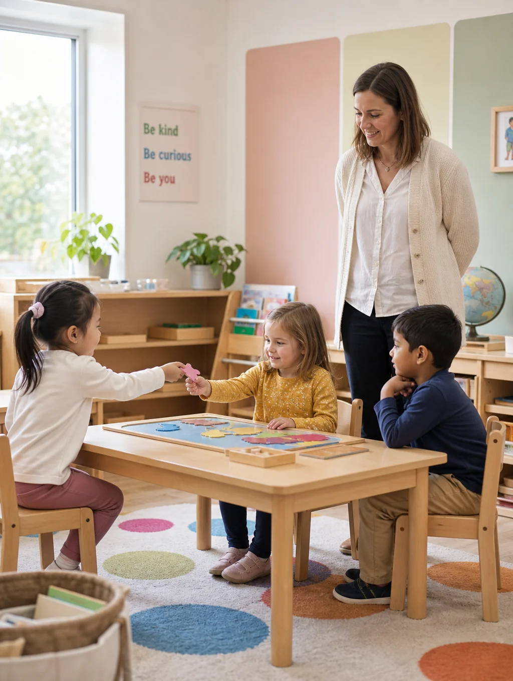 Montessori preschool child arranging wooden geometric solids on a low shelf