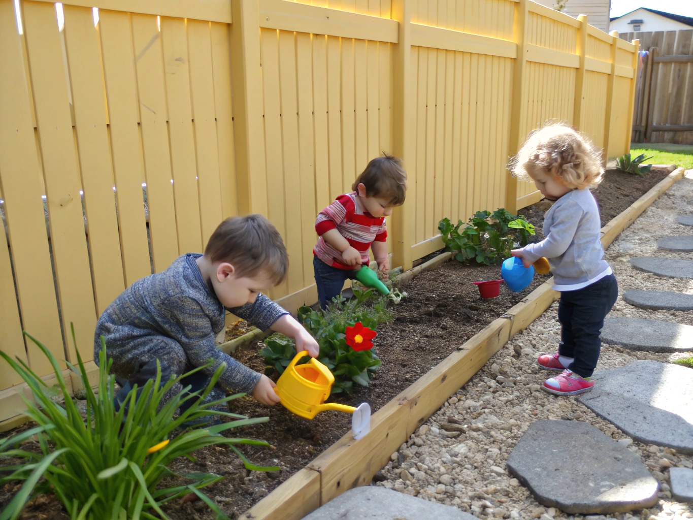 Children actively exploring green outdoor mounds and nature area