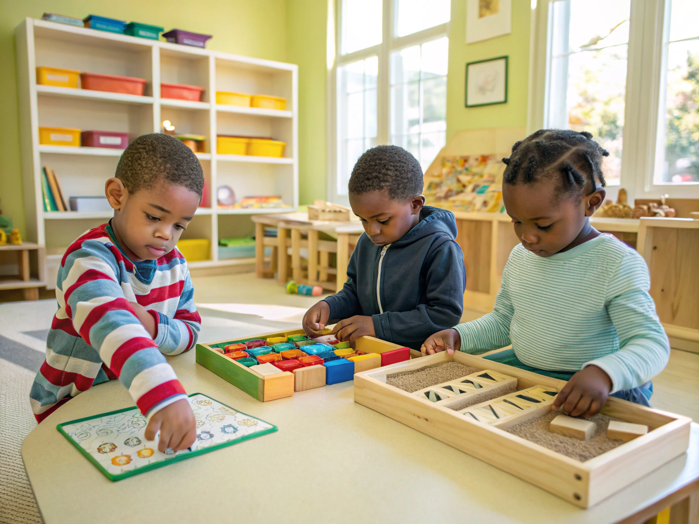 Preschooler deeply immersed in self-chosen Montessori geometry apparatus