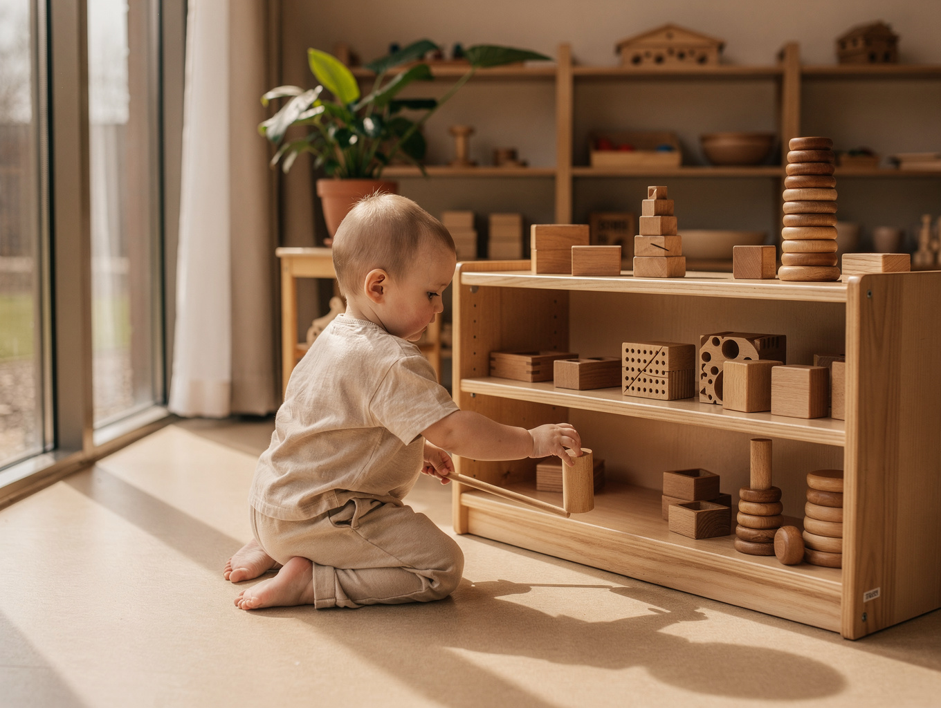 Toddler exploring tactile wooden Montessori materials at low table