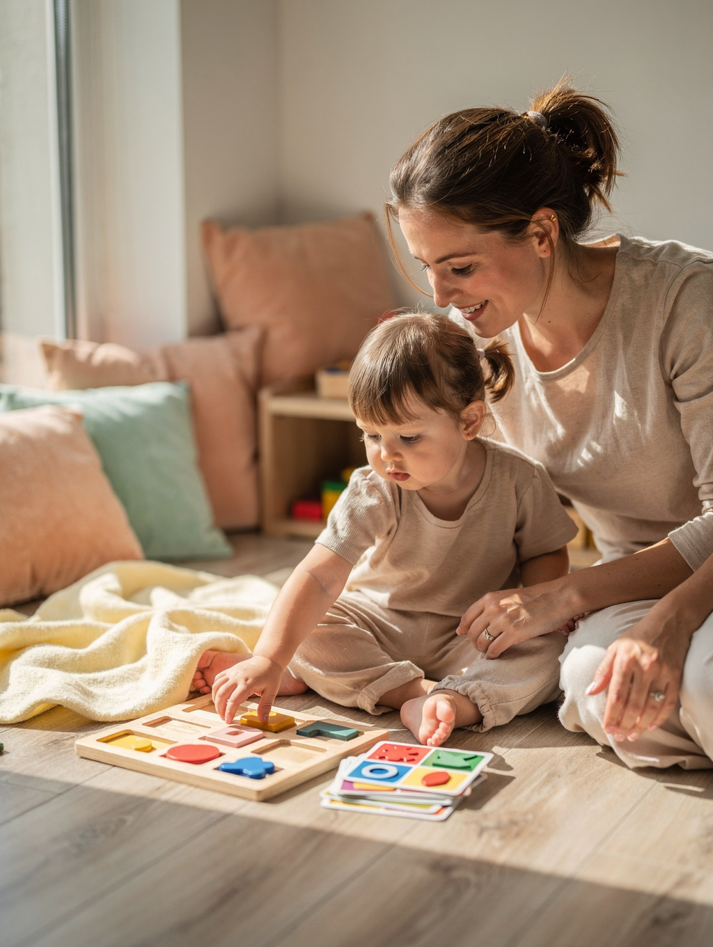 Mother observing her young boy working with authentic wooden Montessori materials