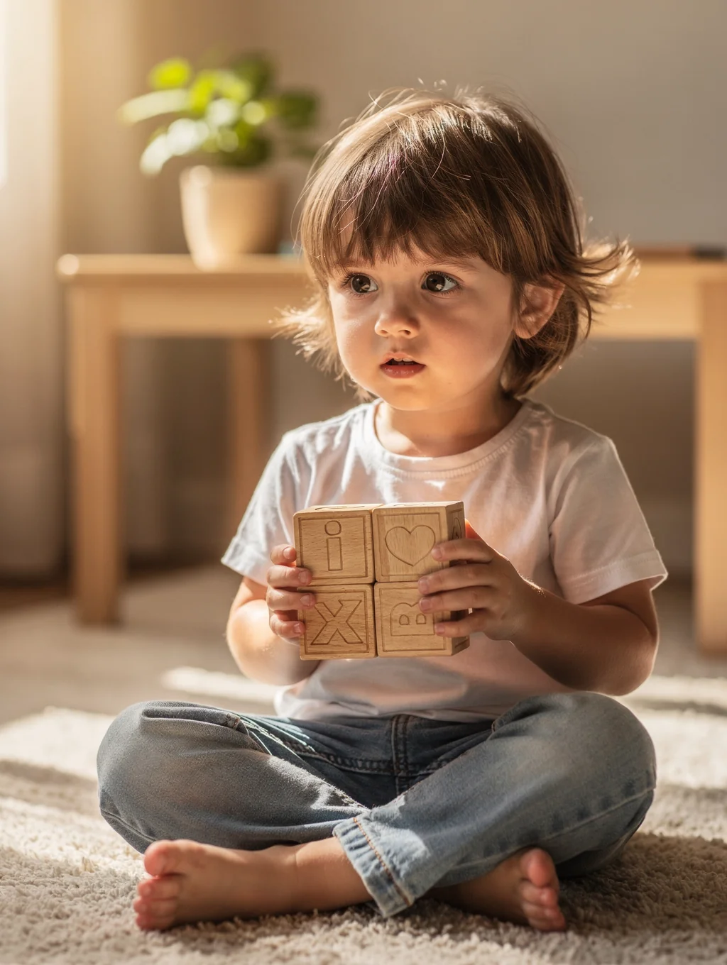 An older preschool child gently showing a younger peer how to handle wooden Montessori apparatus