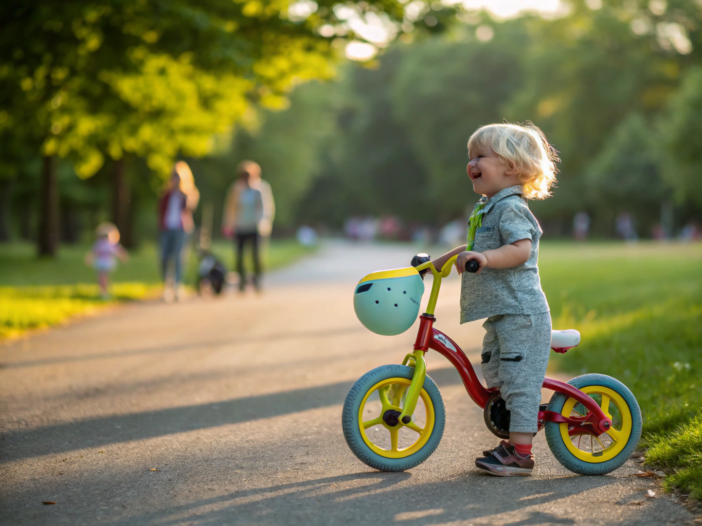 Toddler riding a wooden balance bike along a shaded paved circuit surrounded by trees