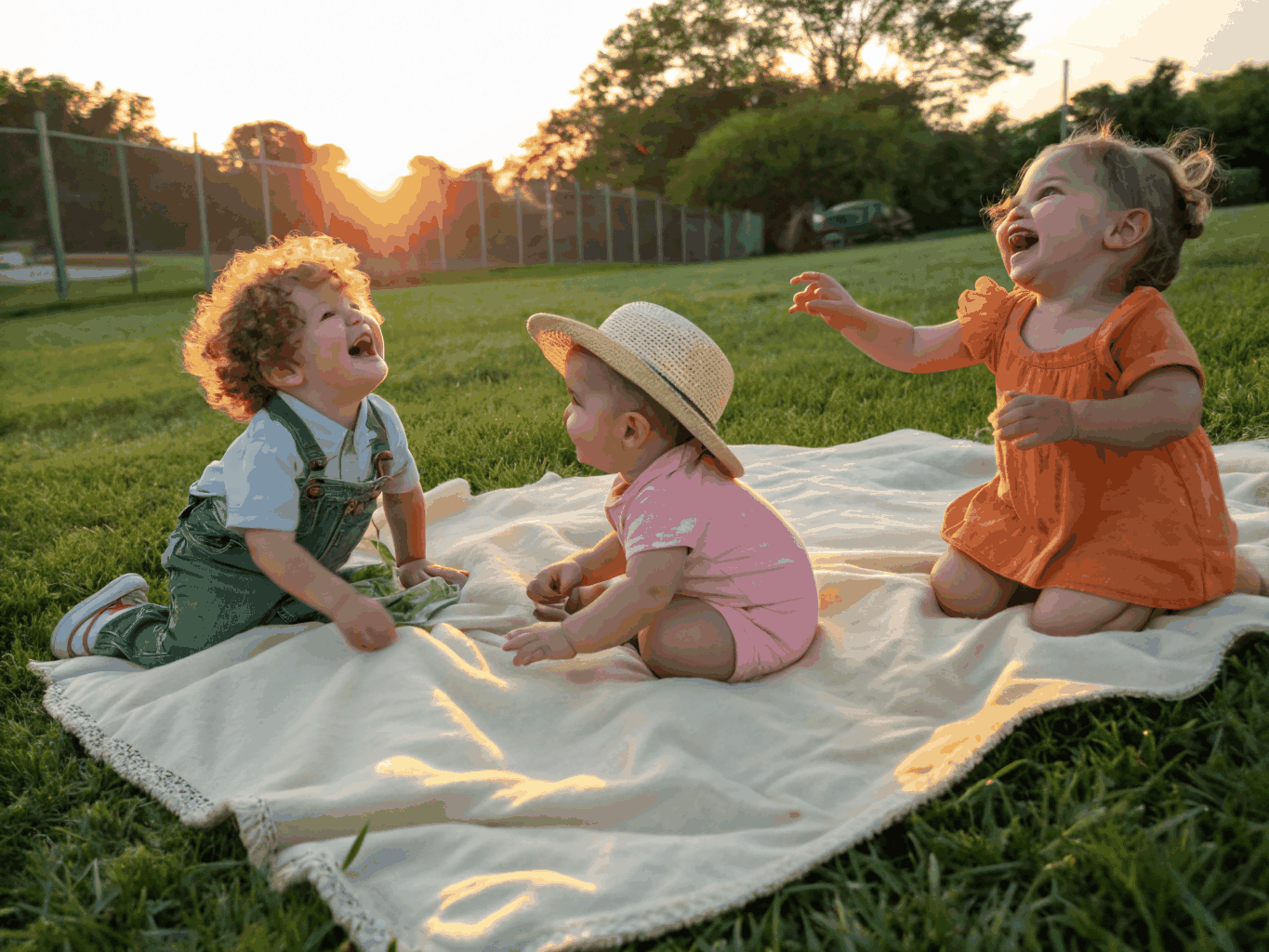 Toddlers exploring green grassy mounds and natural slopes under morning sunlight