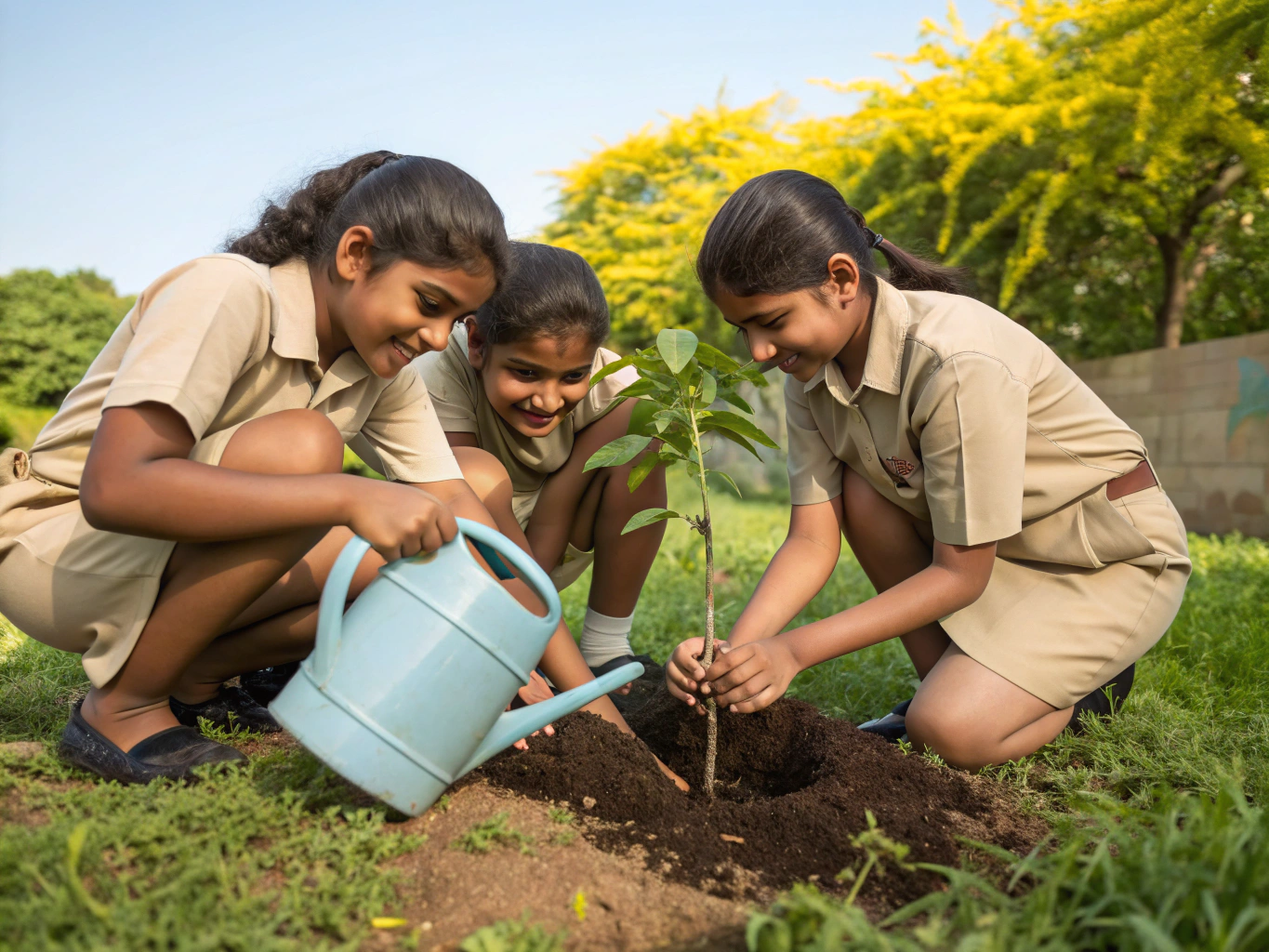 Young children watering organic vegetable beds and touching leaves in an outdoor garden