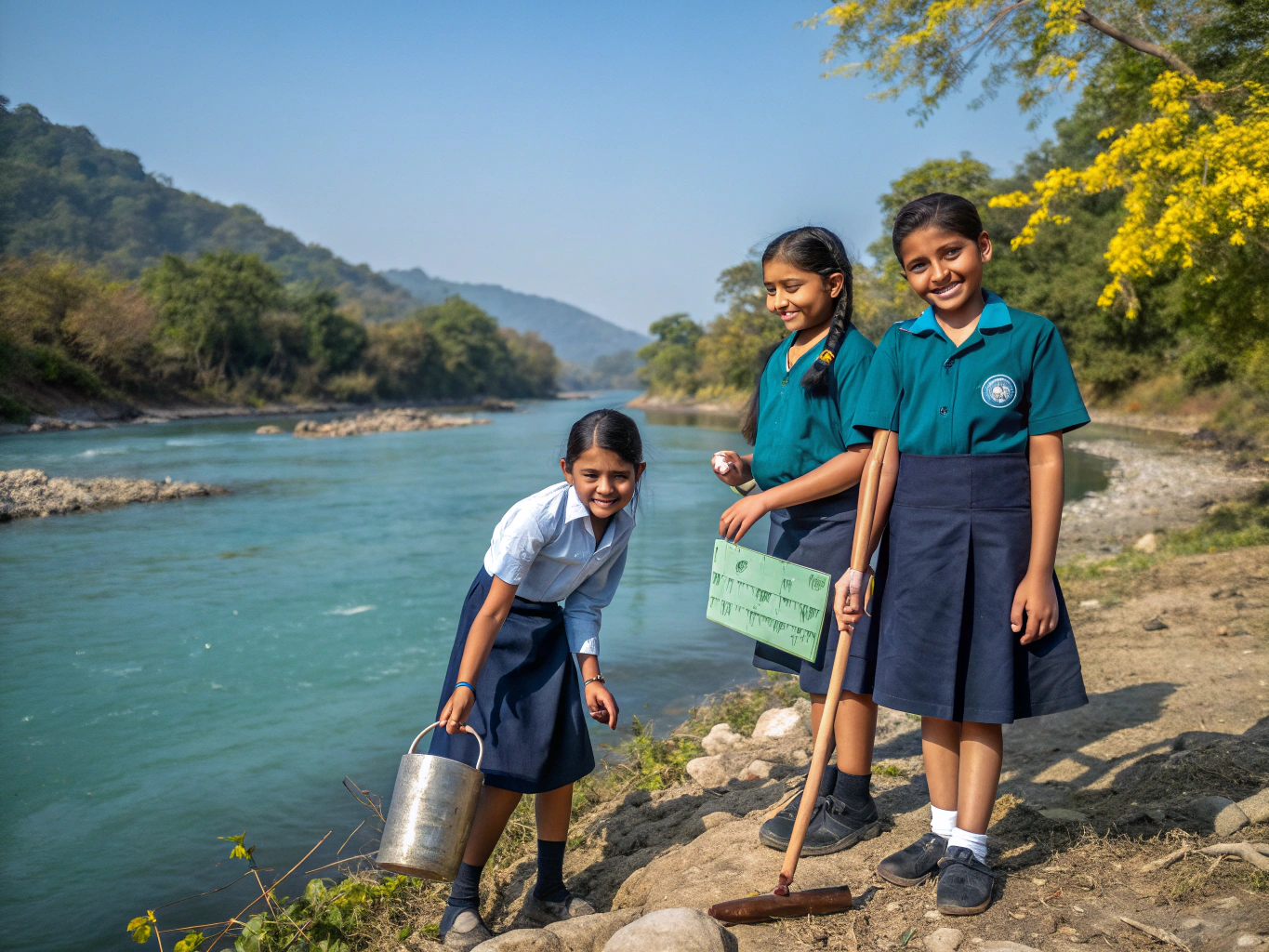 Children interacting with flowing water through timber channels and shallow basins