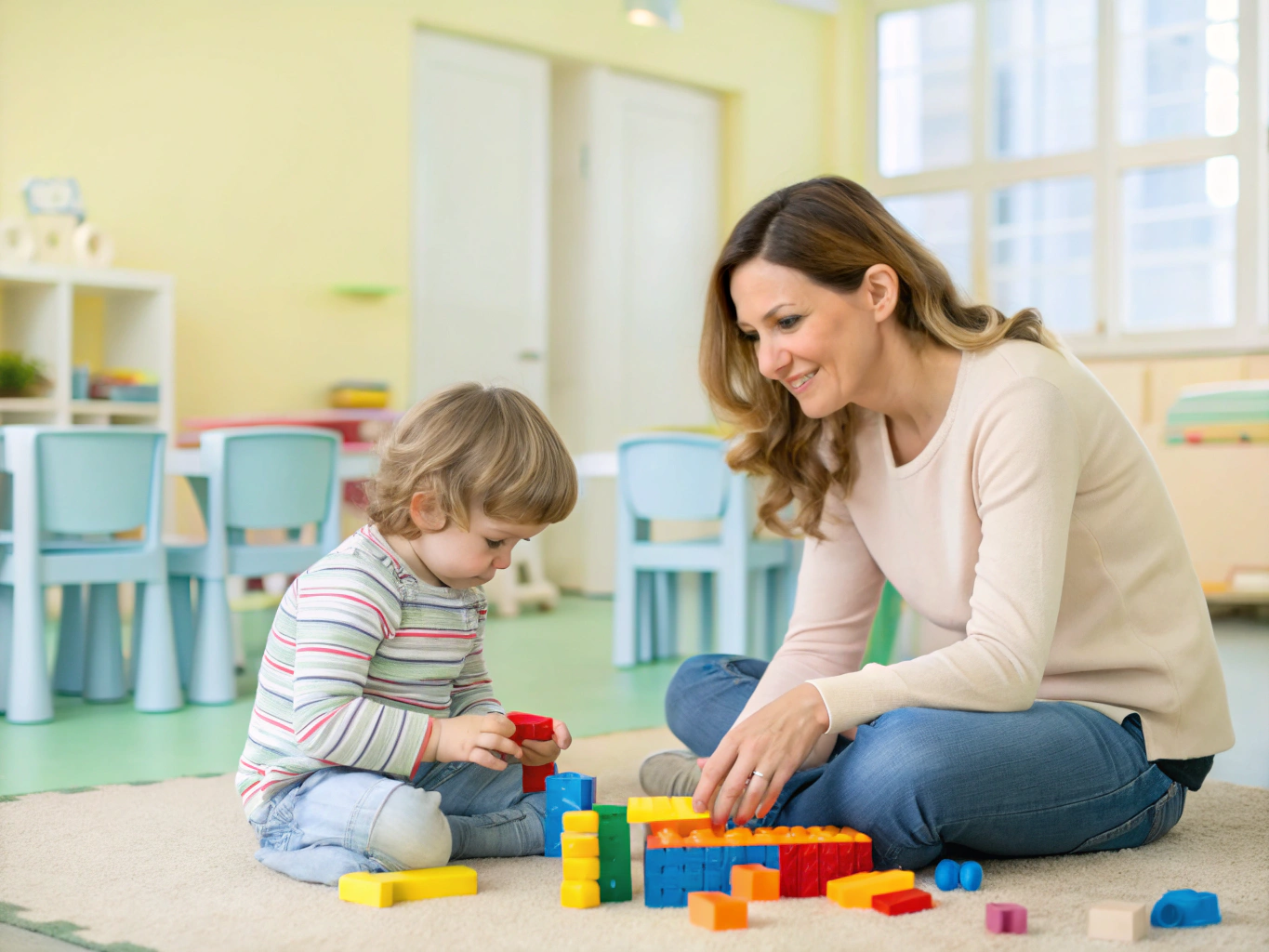 Mother playing with her 18-month-old daughter in sunlit Montessori room
