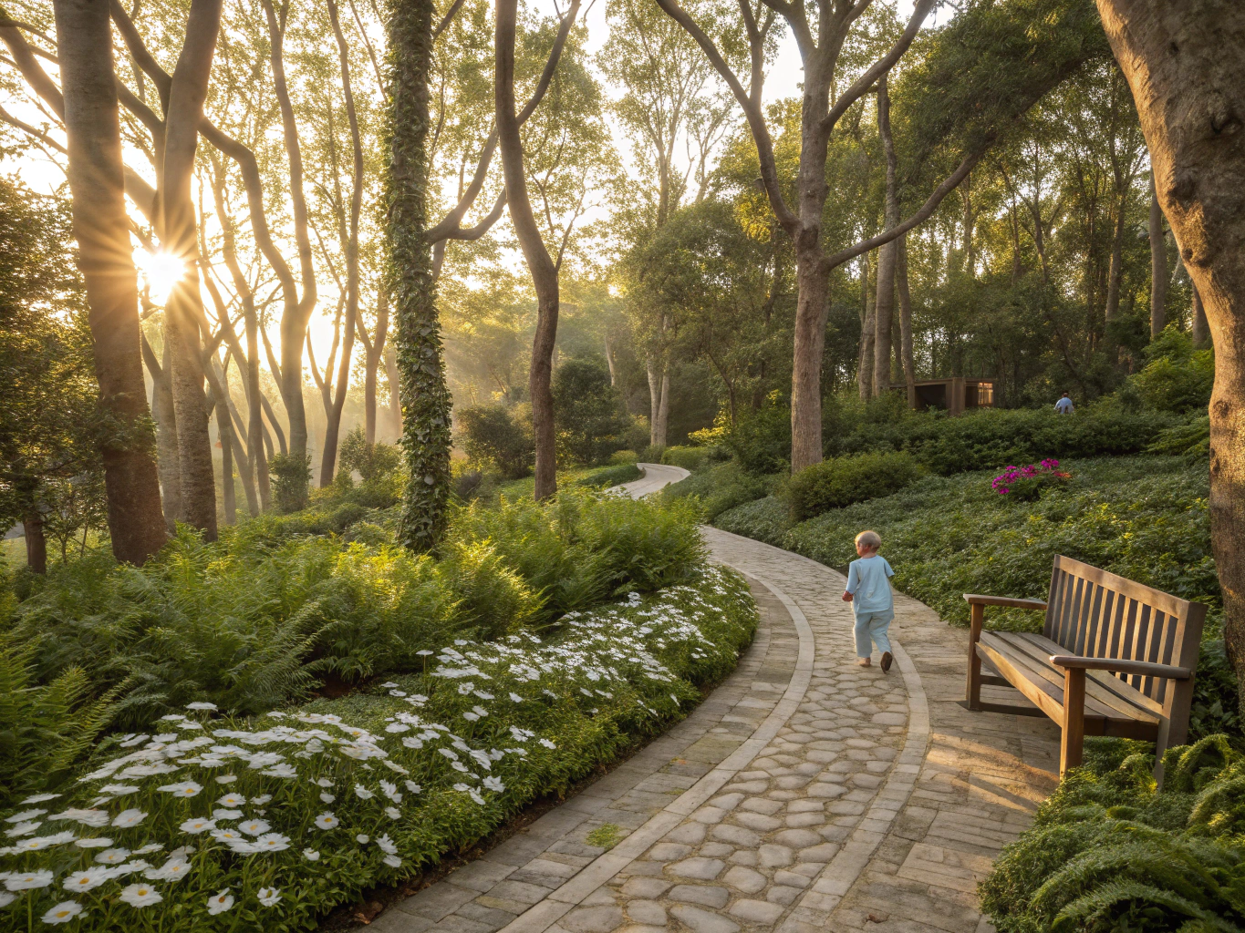 Father guiding toddler through gentle outdoor garden path