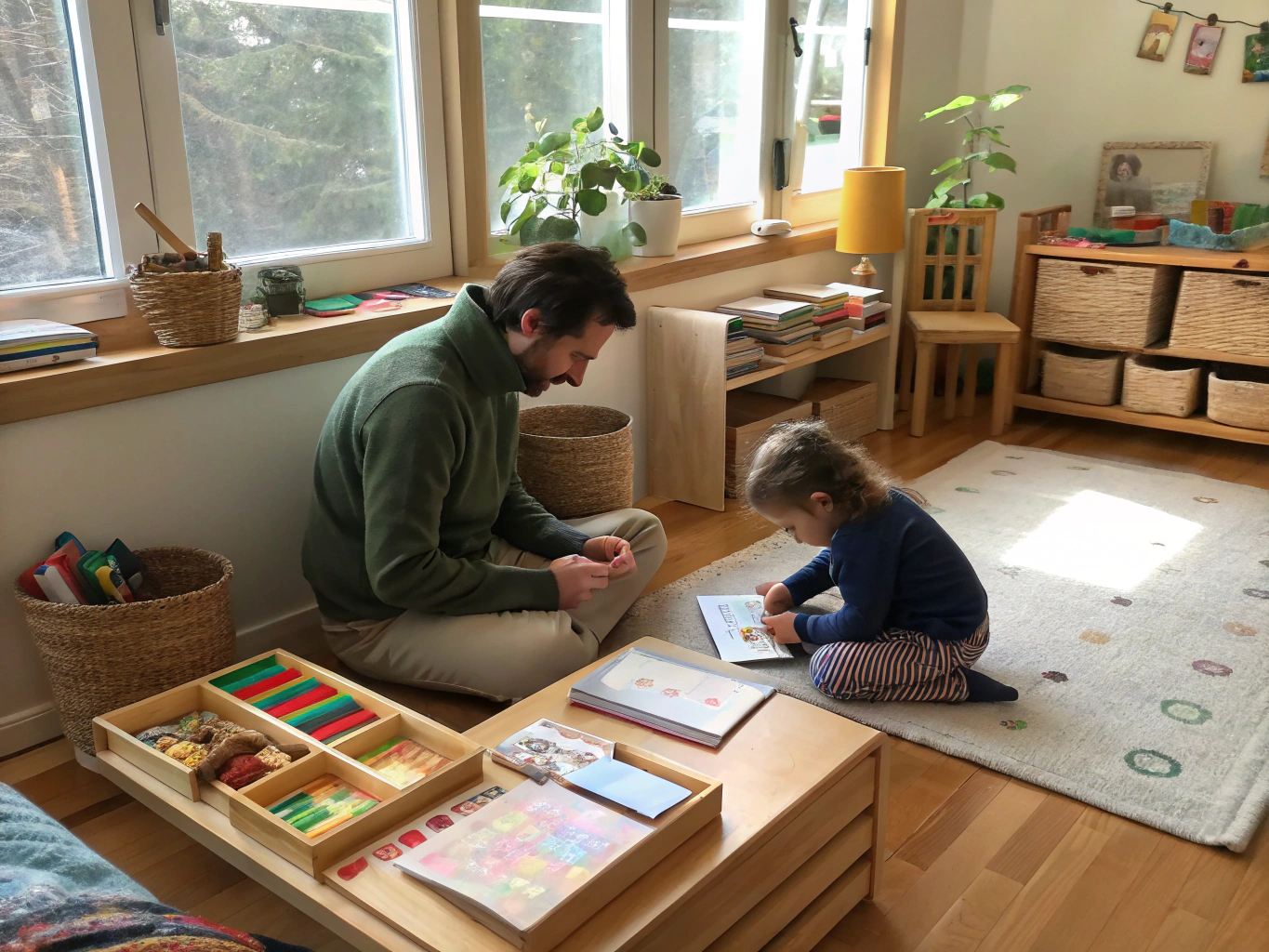 Mother observing her young boy working with authentic wooden Montessori materials