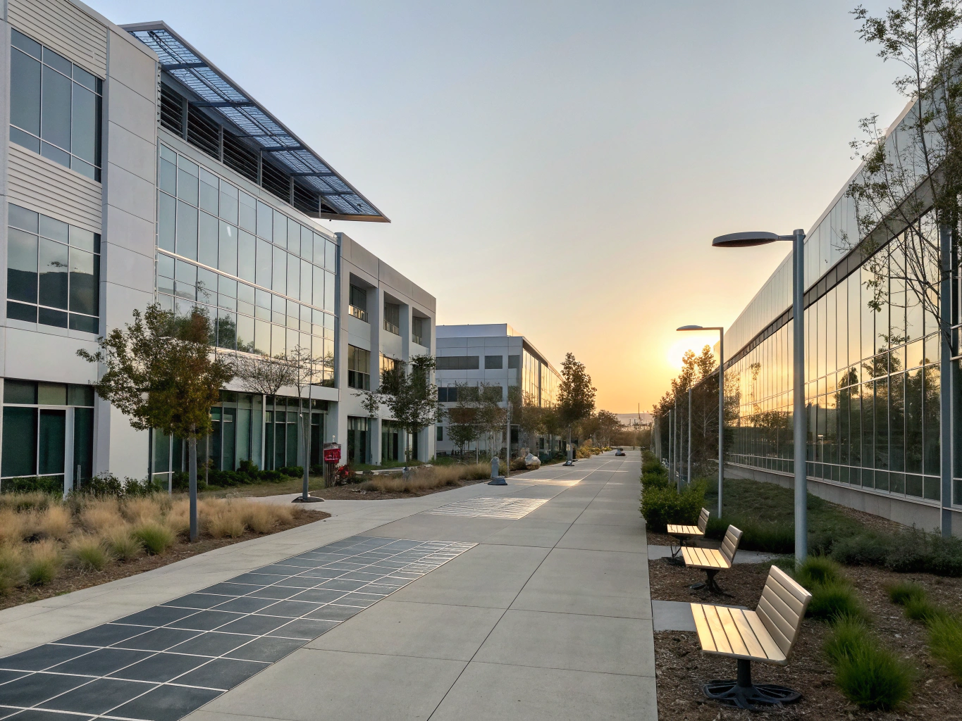 Sunlit modern architectural facade of Productive Minds Sector 65 campus with botanical gardens