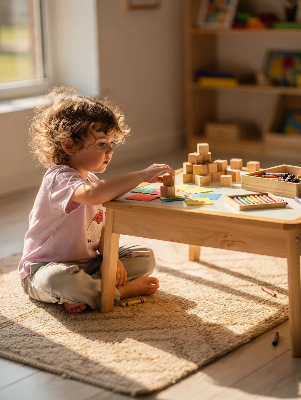 Toddler exploring Montessori sensorial cylinder blocks on a low wooden table in a sunlit classroom