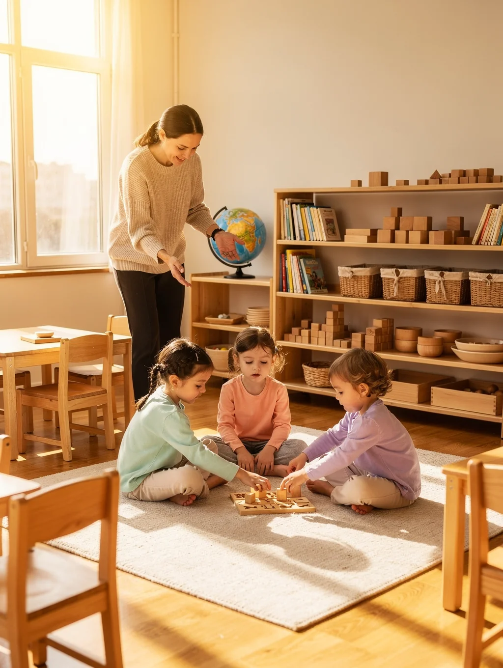 Caregiver reassuring a toddler at eye level in a sunlit Montessori room