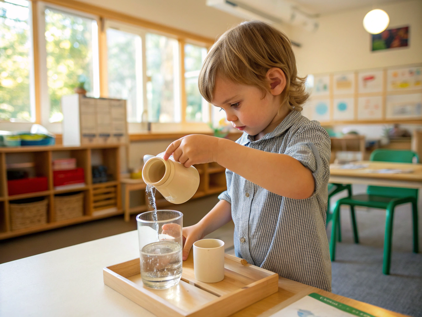 Toddler pouring water and selecting fruit at a child-height wooden Montessori kitchen counter in Gurgaon
