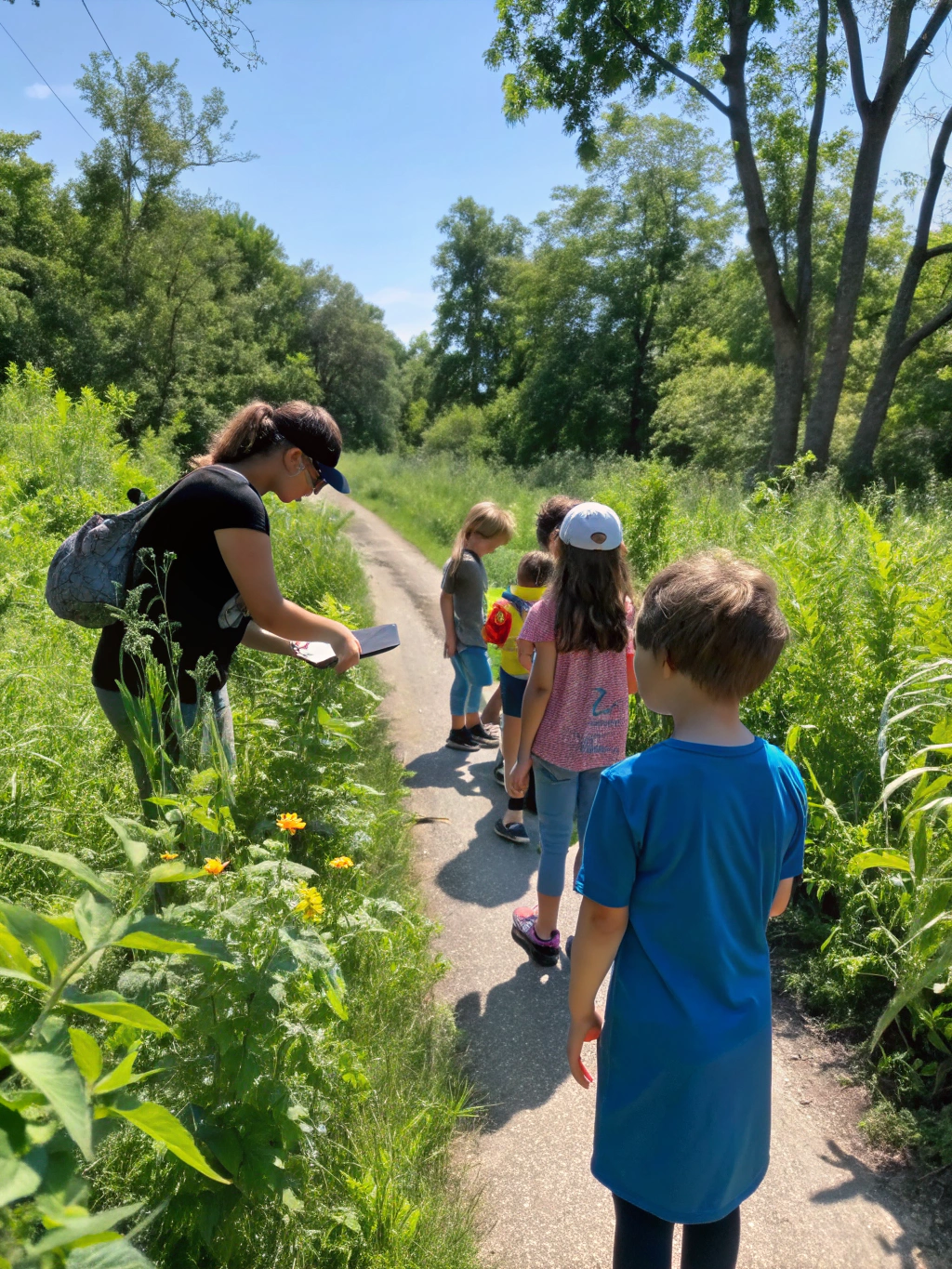Young children exploring outdoor fruit trees and natural orchard pathways